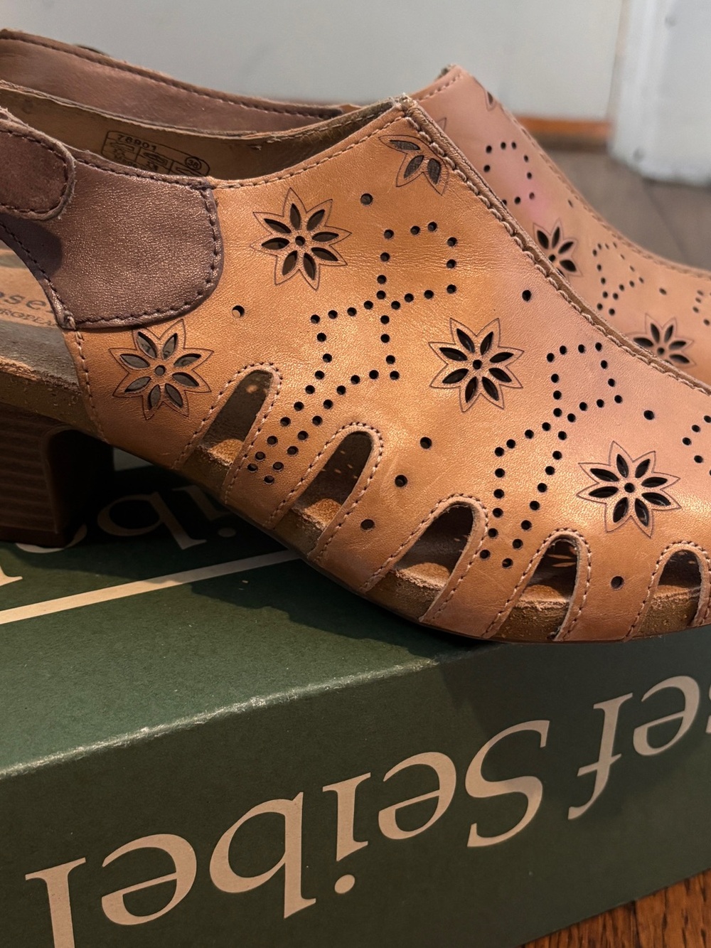 Josef Seibel Tan Leather Floral Cutout Slingback Clogs